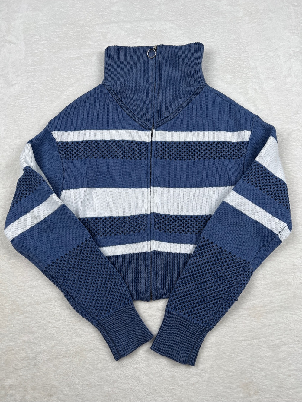 SO Striped Full Zip Open Knit Mock Neck Sweater Blue White Size M